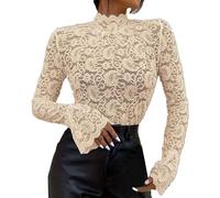 Generisch Camicetta da donna con motivo floreale, pizzo, collo alto, maniche lunghe a balze, trasparente, vestibilità aderente, colletto alto, parte anteriore corta posteriore, beige., M