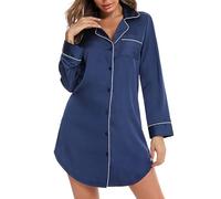 Generisch Camicetta da donna con sette polsini, cardigan per abbigliamento domestico, camicia da notte, in seta di ghiaccio, elegante tuta da notte, Blu marino, M