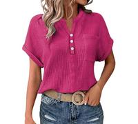 Generisch Camicetta da donna estiva in lino con bottoni, in cotone, a maniche corte, con scollo a V, elegante, tinta unita, con risvolto, con tasche, 002-hot rosa, L