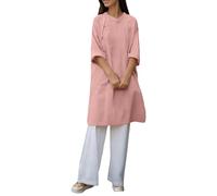 Generisch Camicetta da donna in cotone e lino, mezza manica estiva per il tempo libero in stile cinese, elegante camicetta con colletto alto con bottoni, tinta unita, Colore: rosa., 3XL