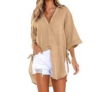 Generisch Camicetta da donna in mussola con bottoni, camicia lunga e larga, top in cotone, camicetta da donna, caffè, 5XL