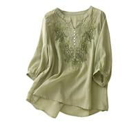 Generisch Camicetta da donna ricamata con scollo a V, camicia da letteratura larga, sottile, semi-aperta con bottoni, verde, XL