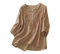 Generisch Camicetta da donna ricamata con scollo a V, camicia da letteratura larga, sottile, semi-aperta con bottoni, caffè, XXL