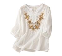 Generisch Camicetta da donna ricamata con scollo a V, camicia da letteratura larga, sottile, semi-aperta con bottoni, bianco, XL