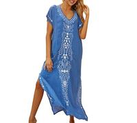 Generisch Camicetta da spiaggia da donna in chiffon e viscosa, cardigan lungo, traspirante, leggera, elegante, stampata, trasparente, morbida, fluida, ideale per vacanze e spiaggia, Azzurro, Taglia