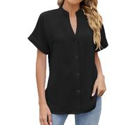 Generisch Camicetta estiva da donna, con scollo a V, a maniche lunghe, casual, con bottoni, a maniche corte, elegante, casual, da arrotolare, Nero , XL