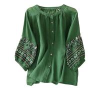 Generisch Camicetta estiva da donna in lino di cotone con maniche con parte anteriore monopetto colorata da donna, verde, XL