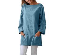 Generisch Camicetta in lino da donna, tinta unita, a maniche lunghe, con tasche, larga, comoda, casual, leggera, basic, estiva, alla moda, per il tempo libero, Azzurro, XXL