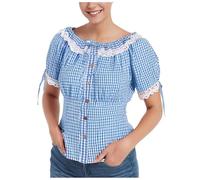 Generisch Camicetta tradizionale bavarese, a quadretti, con colletto alto e bottoni a cuore, camicia a maniche corte, per Oktoberfest, costume tradizionale Dirndl, camicetta tradizionale, blu cielo M