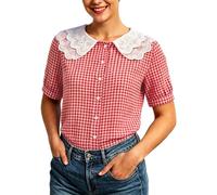 Generisch Camicia a maniche corte con motivo a quadri festosi e bel colletto in pizzo, perfetta per il tempo libero e la vita quotidiana.