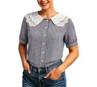 Generisch Camicia a maniche corte con motivo a quadri festosi e bel colletto in pizzo, perfetta per il tempo libero e la vita quotidiana.