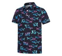 Generisch Camicia a maniche corte per ragazzi con stampa di squalo al neon, camicia estiva casual per spiaggia e tempo libero, camicia blu scuro con motivo all-over