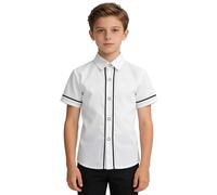 Generisch Camicia a maniche corte per ragazzi dal design classico con bordatura a contrasto, camicia bianca in stile sportivo da baseball, camicia da festa per la scuola e le feste di famiglia
