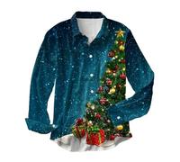 Generisch Camicia a maniche lunghe a tema invernale 2025 con stampa su tutta la stampa camicia monopetto da uomo camicie colletto alto, Blu, L