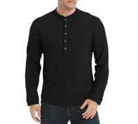 Generisch Camicia a maniche lunghe da uomo Comfort Fit: camicia per il tempo libero con 1/2 bottoni, a maniche lunghe, scollo a V, tinta unita, per lavoro, per matrimonio, Nero , S