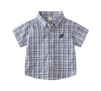 Generisch Camicia casual a maniche corte per - Top a quadri con stampa, comoda e traspirante, ideale per abiti scolastici in primavera, Blu scuro, 3-4 Anni