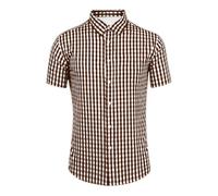 Generisch Camicia casual a maniche corte uomo traspirante, confortevole, misto lino, camicia a quadretti per uso quotidiano festa della birra, marrone, L
