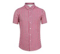 Generisch Camicia casual a maniche corte uomo traspirante, confortevole, misto lino, camicia a quadretti per uso quotidiano festa della birra, Colore: rosso, L
