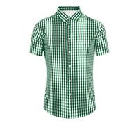 Generisch Camicia casual a maniche corte uomo traspirante, confortevole, misto lino, camicia a quadretti per uso quotidiano festa della birra, Verde scuro, L