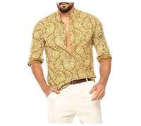 Generisch Camicia casual da uomo con colletto a pressione, a maniche lunghe, abbottonatura, per il tempo libero, colletto alto, tessuto traspirante di qualità, giallo., 3XL