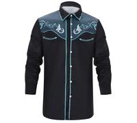 Generisch Camicia da cowboy da uomo, a maniche lunghe, ricamata, slim fit, casual, con tasche, in cotone di alta qualità, per il tempo libero, Azzurro, M