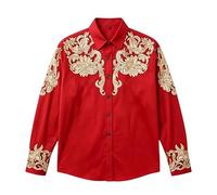 Generisch Camicia da cowboy da uomo, a maniche lunghe, ricamata, taglio sottile, casual, con tasche, per tutti i giorni e il tempo libero, Colore: rosso, XL