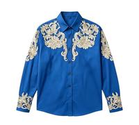 Generisch Camicia da cowboy da uomo, a maniche lunghe, ricamata, taglio sottile, casual, con tasche, per tutti i giorni e il tempo libero, Blu, XL
