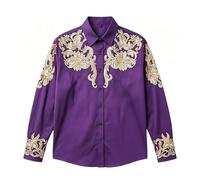 Generisch Camicia da cowboy da uomo, a maniche lunghe, ricamata, taglio sottile, casual, con tasche, per tutti i giorni e il tempo libero, Lilla, XL