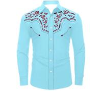 Generisch Camicia da cowboy western con design stampato, a maniche lunghe, con bottoni, indossabile per gli uomini nella vita di tutti i giorni, Azzurro, L