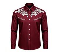 Generisch Camicia da cowboy western da uomo, a maniche lunghe, ricamata, taglio sottile, casual, con tasche, per l'uso quotidiano, Vino, M