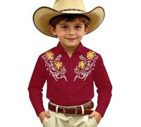 Generisch Camicia da cowboy western per ragazzi, a maniche lunghe, a quadretti, con bottoni, stile ranch, abbigliamento casual in denim, Colore: rosso, 6-7 Anni