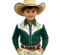 Generisch Camicia da cowboy western per ragazzi, a maniche lunghe, stile classico denim, abbottonatura, ideale per giovani ranch, abbigliamento outdoor, Verde scuro, 6-7 Anni