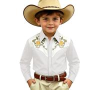 Generisch Camicia da cowboy western per ragazzi, a maniche lunghe, stile classico denim, abbottonatura, ideale per giovani ranch, abbigliamento outdoor, bianco, 6-7 Anni