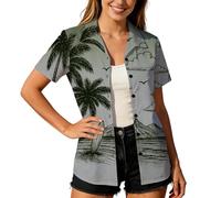 Generisch Camicia da donna a maniche corte con stampa tropicale - Camicetta dal taglio ampio con palme e motivo isola in grigio e verde | Camicia da vacanza per l'estate e il tempo libero, Stil_j01
