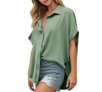 Generisch Camicia da donna in mussola, a maniche corte, elegante, casual, leggera, estiva, con scollo a V, in tinta unita, per il tempo libero, O verde dell'esercito, L