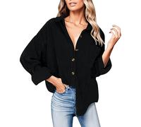 Generisch Camicia da donna in velluto con bottoni, camicetta oversize come giacca calda casual con tasche a maniche lunghe per top alla moda, Nero , M