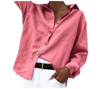 Generisch Camicia da donna per primavera ed estate, stile europeo e alla moda, con risvolto a maniche lunghe e lino, Rosso anguria., XL