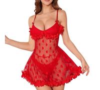 Generisch Camicia da notte Babydoll trasparente con motivo a cuori, set di lingerie seducente con perizoma abbinato, biancheria intima per notti romantiche, Stil_v01 rosso, L