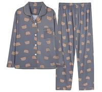 Generisch Camicia da notte da donna a maniche lunghe, camicia da notte a maniche lunghe con abbottonatura, pigiama con colletto rovesciato, biancheria da notte stampata, confezione da 2 pezzi, camicia