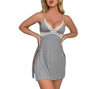 Generisch Camicia da notte da donna Chemise in pizzo morbido con scollo a V, design senza maniche, per una vestibilità completa come elegante biancheria da notte, grigio., L