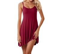 Generisch Camicia da notte da donna estiva in cotone, senza maniche, con spalline sottili, abito da notte, girocollo, tinta unita, per dormire, B01 vino, L