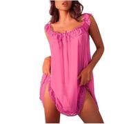 Generisch Camicia da notte da donna senza maniche con design in pizzo, biancheria da notte comoda per dormire, scollo a V, delicate balze, elegante moda per il tempo libero, rosa intenso, S