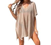 Generisch Camicia da spiaggia a maglia con design scavato per le vacanze al mare, prendere il sole come copriletto bikini alla moda da donna, cachi, Taglia unica