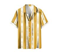 Generisch Camicia da uomo a maniche corte alla moda stampata a righe multicolore camicia da uomo stampata non posizionata, giallo., XXL