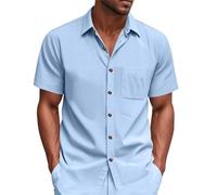 Generisch Camicia da uomo a maniche corte, con colletto rovesciato, in tessuto, leggera, traspirante, con abbottonatura, con tasca sul petto, in tinta unita, camicia hawaiana, comoda, semplice, per il
