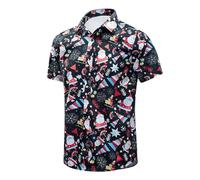 Generisch Camicia da uomo a maniche corte natalizia con stampa 3D, a maniche lunghe, oversize, per feste, Babbo Natale e renna, con colletto, per il tempo libero, Nero , XL