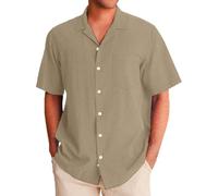 Generisch Camicia da uomo a maniche corte, vestibilità comoda, estiva, in tinta unita, vintage, colletto cubano, per il tempo libero, leggera, traspirante, a maniche corte con tasca sul petto