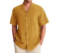 Generisch Camicia da uomo a maniche corte, vestibilità comoda, estiva, in tinta unita, vintage, colletto cubano, per il tempo libero, leggera, traspirante, a maniche corte con tasca sul petto