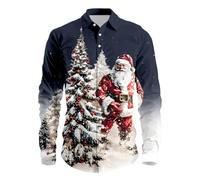 Generisch Camicia da uomo a maniche lunghe, colletto a risvolto, design invernale, camicia stampata con bottoni, Blu marino, S
