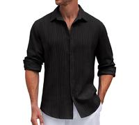 Generisch Camicia da uomo a maniche lunghe, comoda, per il tempo libero, vestibilità normale, struttura a righe, camicia hawaiana, design leggermente sciancrato, tinta unita, per attività all'aperto